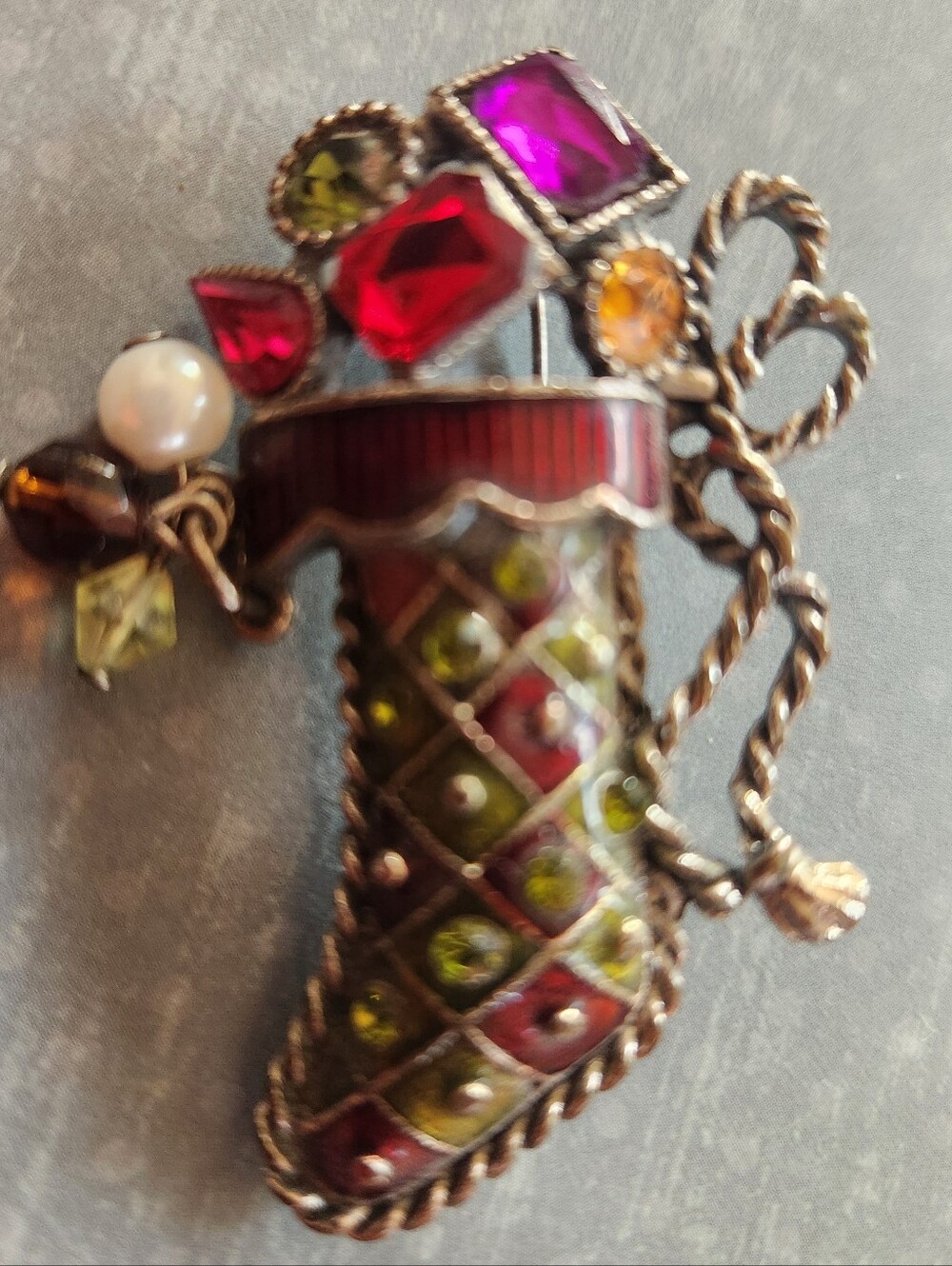 80s Christmas STOCKING Kenneth Cole Multicolor Jewels Cornucopia Holiday Brooch